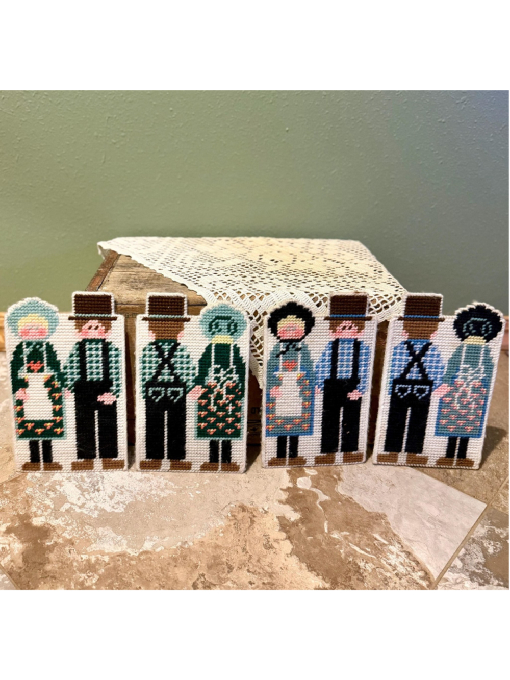 Vintage Plastic Canvas Amish Couple Wall Plaques (Set of 4)